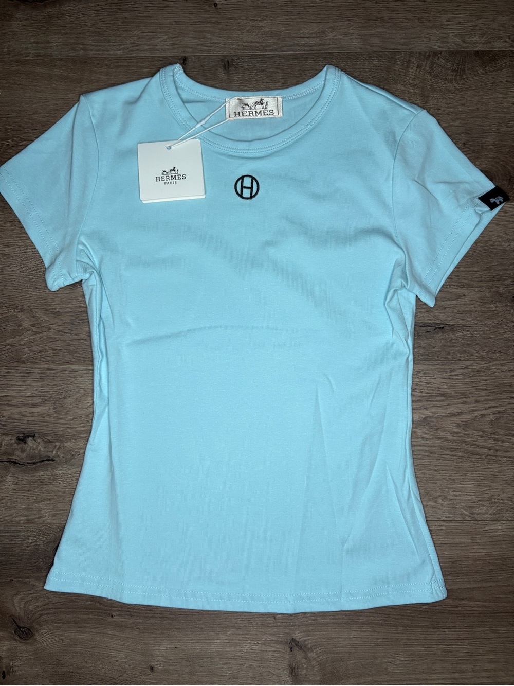 Hermes Sky Blue Women's Short Sleeve Logo Tee SIZE S
